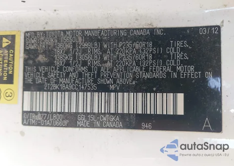 2012 Lexus Rx 350 z USA, uszkodzony, nr VIN 2T2BK1BA9CC147535